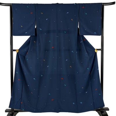 JAPANESE KIMONO FINE PATTERN NAVY BLUE 160cm 5 ft 3 in PURE SILK B2536