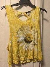 Vintage Deb Yellow Tie Dye Sunflower Rhinestone Cutout Back Crop Tank Top