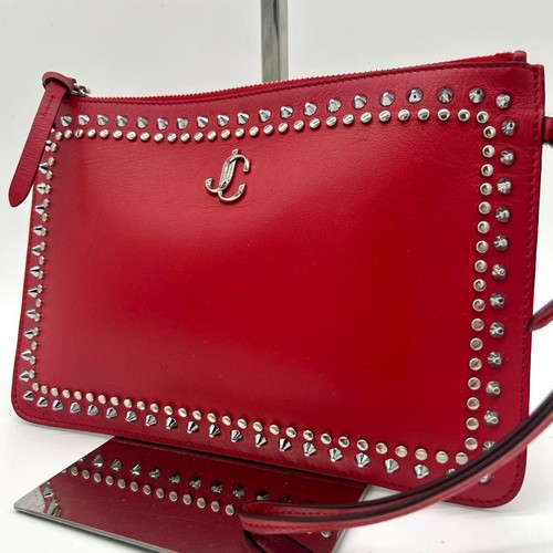 JIMMY CHOO Varenne Clutch Bag Red Leather Studs Silver Hardware Italy