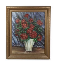 Vintage Mid C Naive Primitive Floral Still Life Oil Painting Vase Flowers Signed