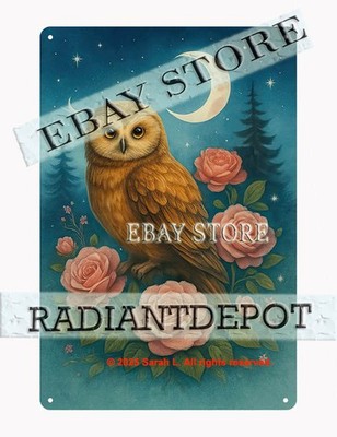 metal tin sign Owl Moon Rose Night Forest plaque