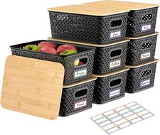 8Packs Plastic Storage Bins with Bamboo Lids -Stackable Storage Bins Decorative