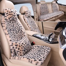 Fluffy Leopard Seat Covers Front Back Full Set Beige Carseat Protectors Cushions