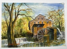 Original Watercolor Folk Art Painting - Old Mill with Waterwheel 12x17” Signed