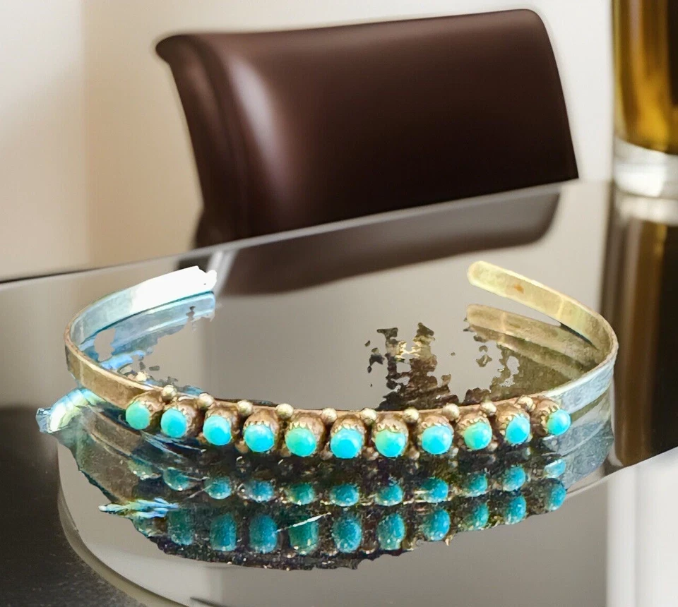 Vintage ZUNI Snake Eyes Turquoise Sterling Silver Bracelet Sleeping Beauty 1950s - Image 3 of 4