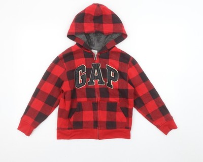 GAP Kinder Jungen rot schwarz kariert Hoodie mit durchgehendem Reißverschluss Größe 6-7 Jahre Fleece gefüttert