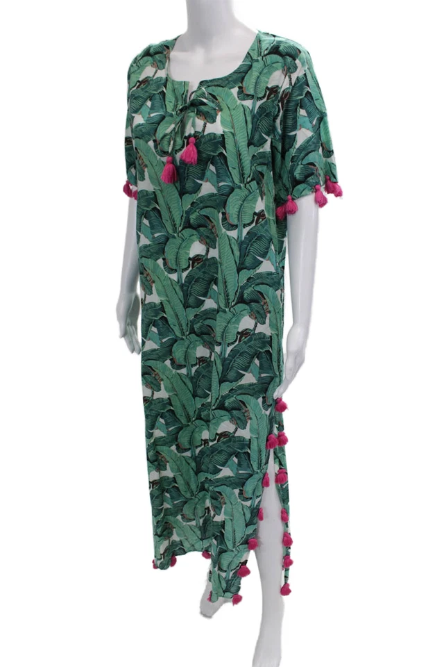 Maxi Vestido Para Mujer La Plage Verde Algodón Caftán Manga Corta Cuello Redondo Talla M Foto 2 de 4