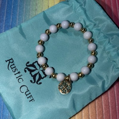 Rustic Cuff White Bracelet Gold Tone White Enamel Logo Charm Stretch 7 