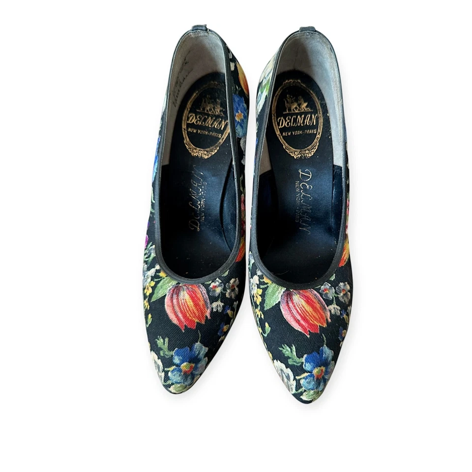 Tacones florales vintage Delman - zapatos de salón negros multicolores - talla 6C Foto 3 de 4