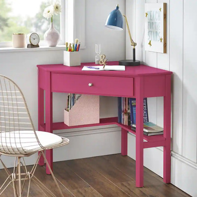 Magenta Pink Finish Wooden Corner Desk Laptop Writing Table Student Home Office