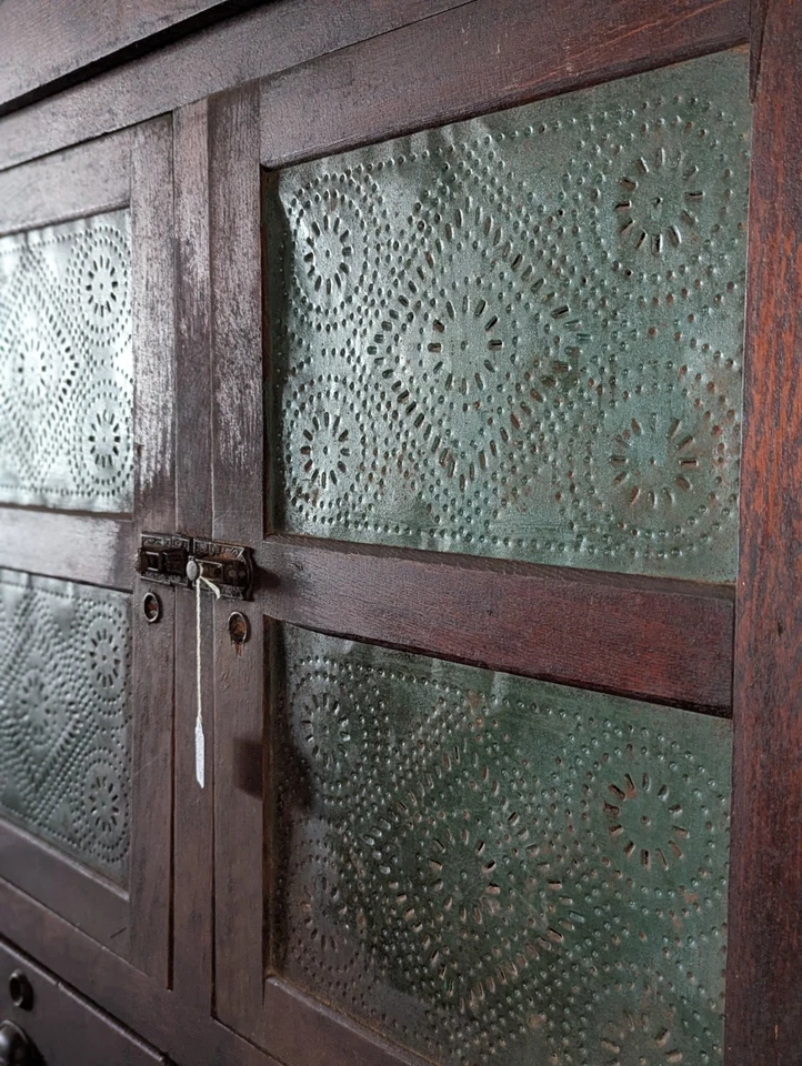 Original 1890's Western NC Oak 8 Punched Blue Tin Pie Safe Wooden Cupboard - Image 2 of 4