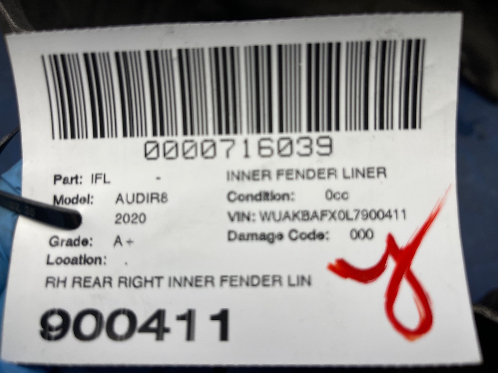2017 2018 2019 2020 2021 2022 2023 AUDI R8 REAR RIGHT INNER FENDER LINER TRIM
