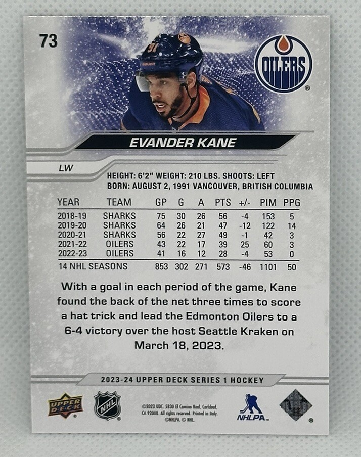 Evander Kane 2023-24 Upper Deck Series 1 #73 Edmonton Oilers