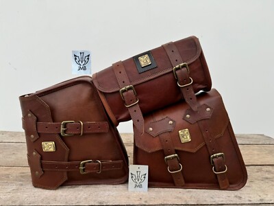 Bag Saddle Pouch Side Panniers Tool Set Of three Brown Bags Leather Motorcycle