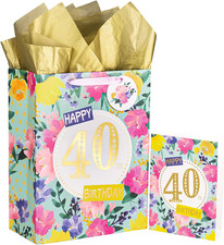 13" Large 40Th Birthday Gift Bag with Card and Tissue Paper - Floral 40Th Birthd