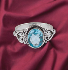 Natural Sky Blue Topaz November 925 Sterling Silver Handmade Ring All Size DS