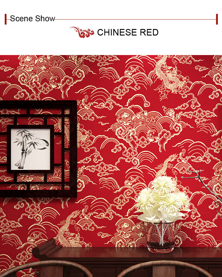 10M Traditional Dragon Cloud Chinese Red Waterproof Wallpaper Textured PVC  Roll