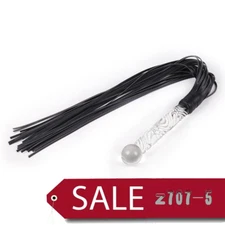Black Leather Pimp Whip Crystal Glass Handle Plug Flogger Queen for Couples