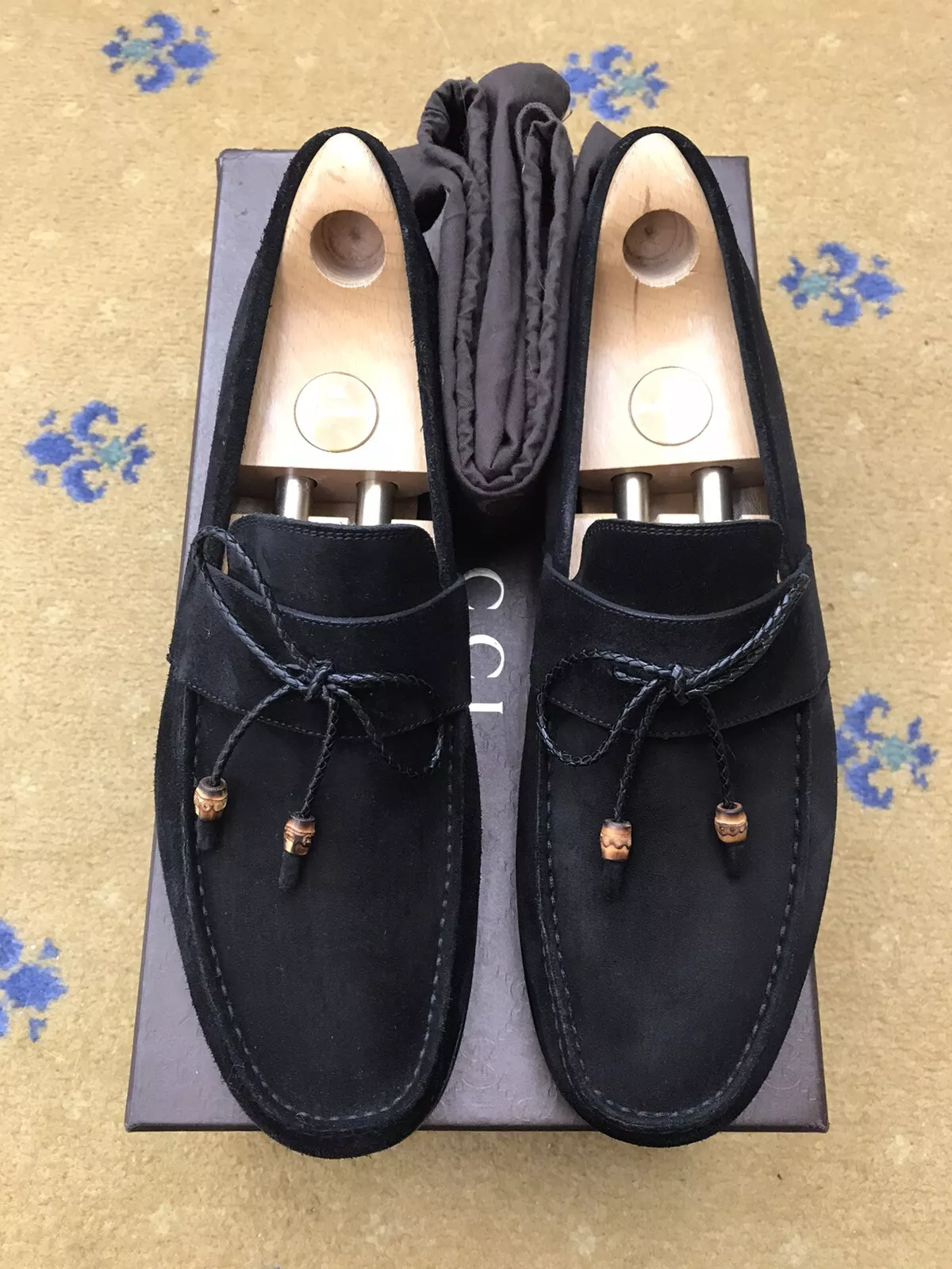 Mocassins Gucci chaussures en daim bambou pompon noir homme US 10 UK 9,5 EU 43,5