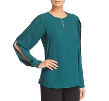 Donna Karan Womens S Evergreen Long Slit Sleeves Button Crew Neck Top NWT