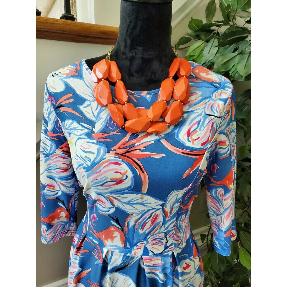 Vestido para mujer Aryeh floral azul nailon cuello redondo manga larga hasta la rodilla talla S Foto 2 de 4