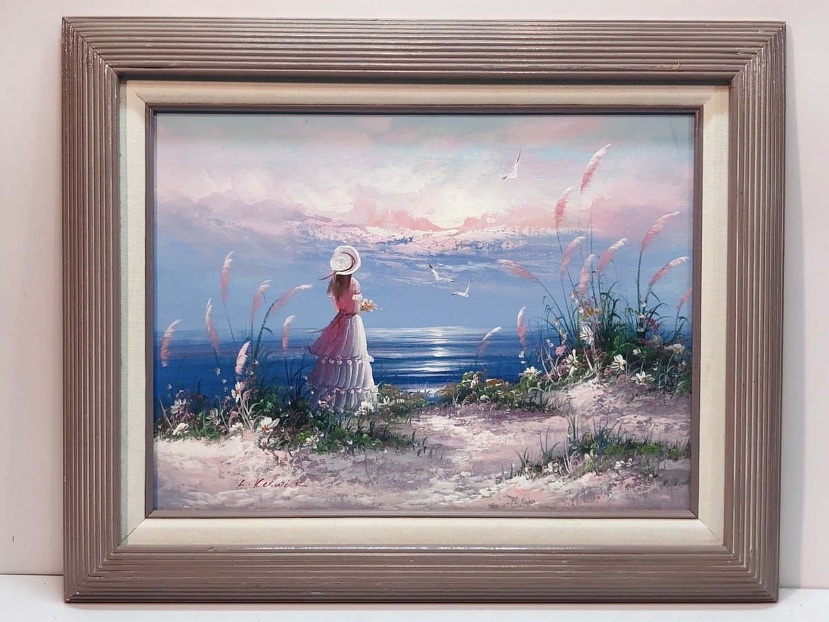 Original Oil Painting Signed L. Keswick Seaside Girl Canvas