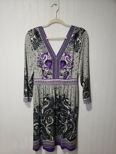 Eci Women's V-Neck Dress Fit & Flare Long Sleeve Paisley Waist Tie XXL