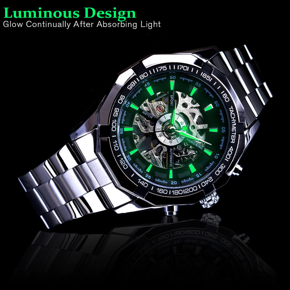 Mens Luminous Mechanical Skeleton Automatic Stainless Steel Analog Watch Gift US