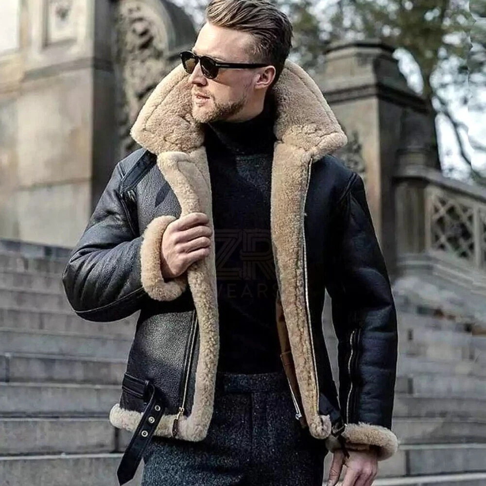 Men's Black RAF B3 Bomber Aviator Flying Fur Shearling Real Leather Jacket Coat