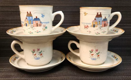 International Tableworks Coffee Mugs Cups  Saucers Set of 4 Stoneware Heartland