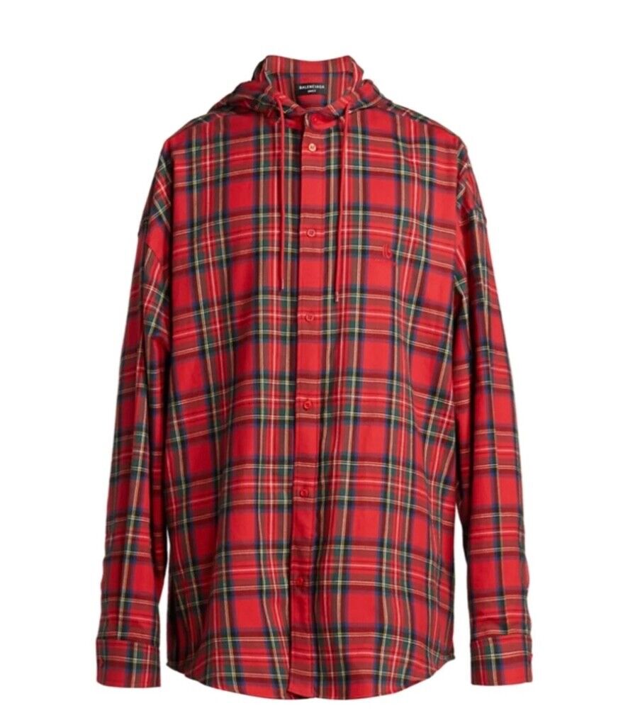 BALENCIAGA HOODED FLANNEL CHECK BUTTON DOWN SHIRT SIZE S BALENCIAGA HOODED FLANNEL CHECK BUTTON DOWN SHIRT SIZE S