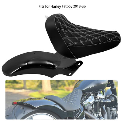 Short Rear Fender White Stitching Seat Kit For Harley Softail Fat Boy FLFB 18 up