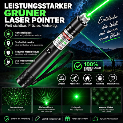 Grüner Laserpointer USB Wiederaufladbar mit Sternenaufsatz | Leistungsstark