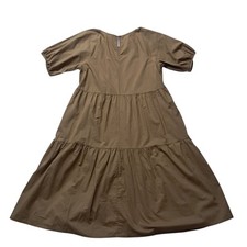 Everlane The Tiered Cotton Dress Women's 10 Tan Minimalist Puff Sleeve Pockets
