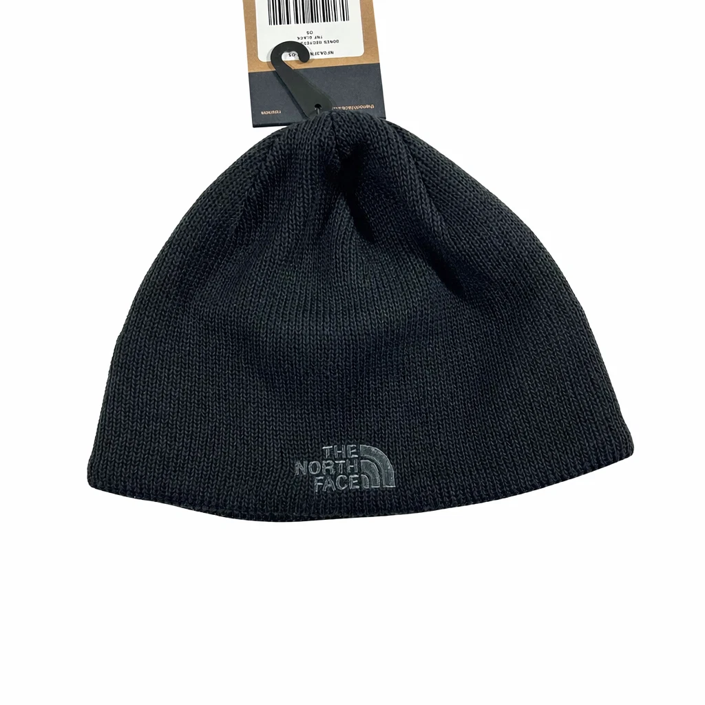 THE NORTH FACE Black Beanie Hat Ribbed Stretch Knit Logo BONES Recycled