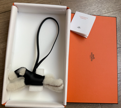 New Hermes Budy Dog Leather Bag Charm black noir ecru wool | eBay