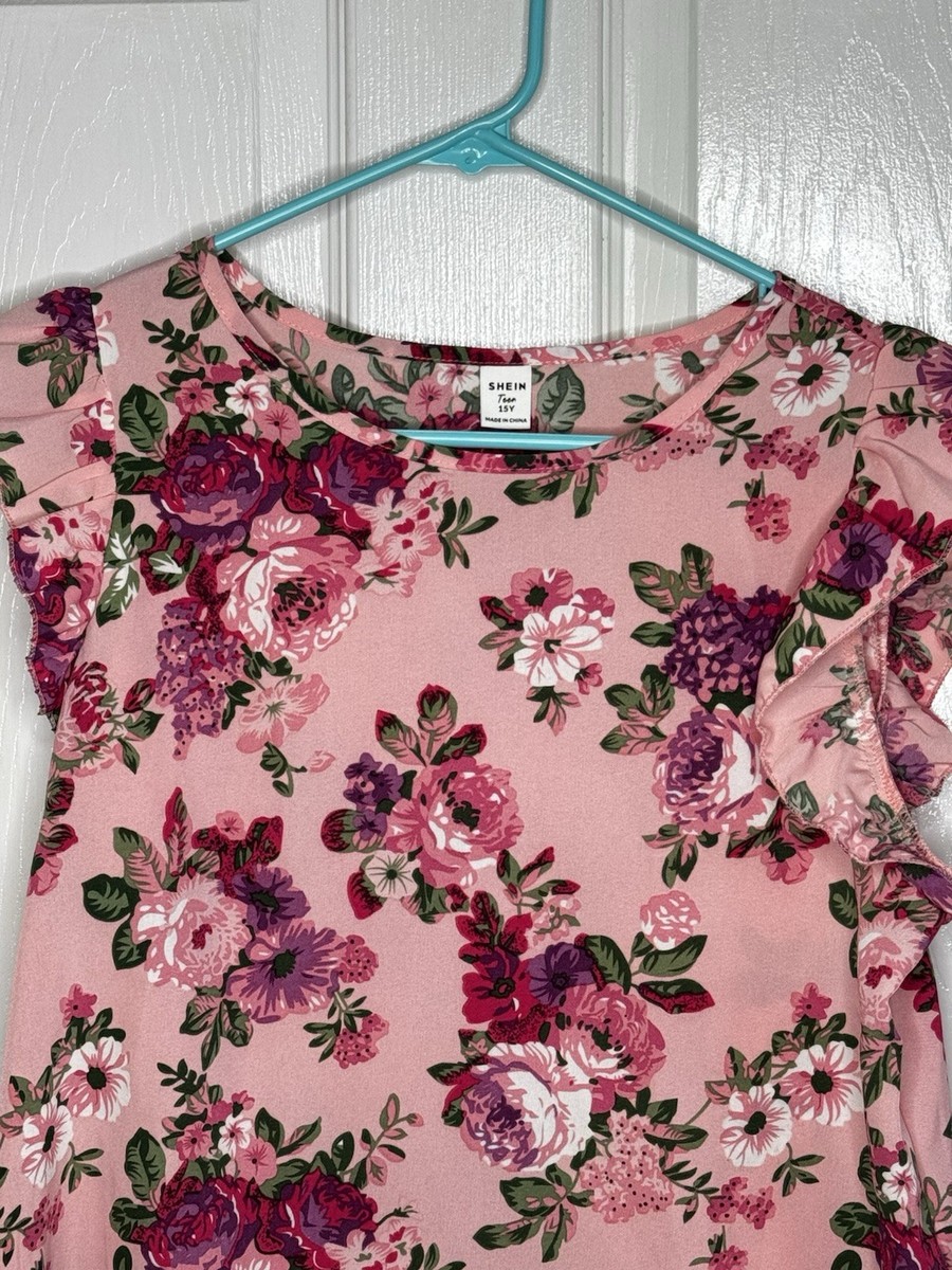 Shein Teen Floral Top / Blouse Girls Size 15 Pink Sleeveless