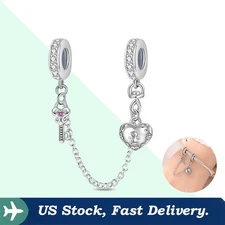 KUNSIR 925 Sterling Silver Vintage Key Lock Safety Chain Charm For Bracelet DIY