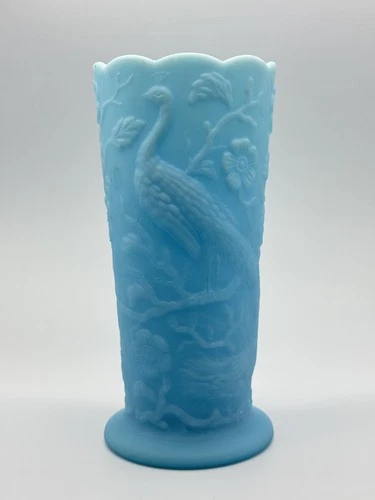 Fenton Peacock Blue Satin Custard Glass Vase - 8"