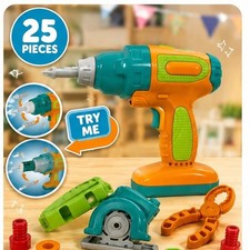 25-Piece Pretend Play Tool Set with Drill, Saw, Screws Accessories Ages 3
