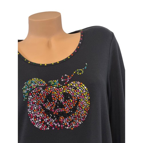 Quacker Factory Women's LARGE Black Halloween Pumpkin Rhinestone Tunic Top - Picture 3 of 9