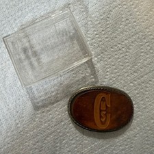 Vintage Western Belt Buckle Leather Inlay CMS Initials Brass Tone Oval Cowboy