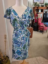 Tahari Arthur Levine white blue green paisley stretchy wrap Dress Size 14
