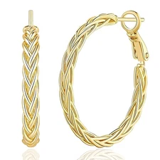14K 30MM Gold Hoop Trendy Thick Twisted Hoops Earring Fine Weave Jewelry Women