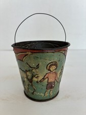Antique Victorian Tin Litho Sand Pail Embossed W/Gold Gilt Trim, Seaside Scene