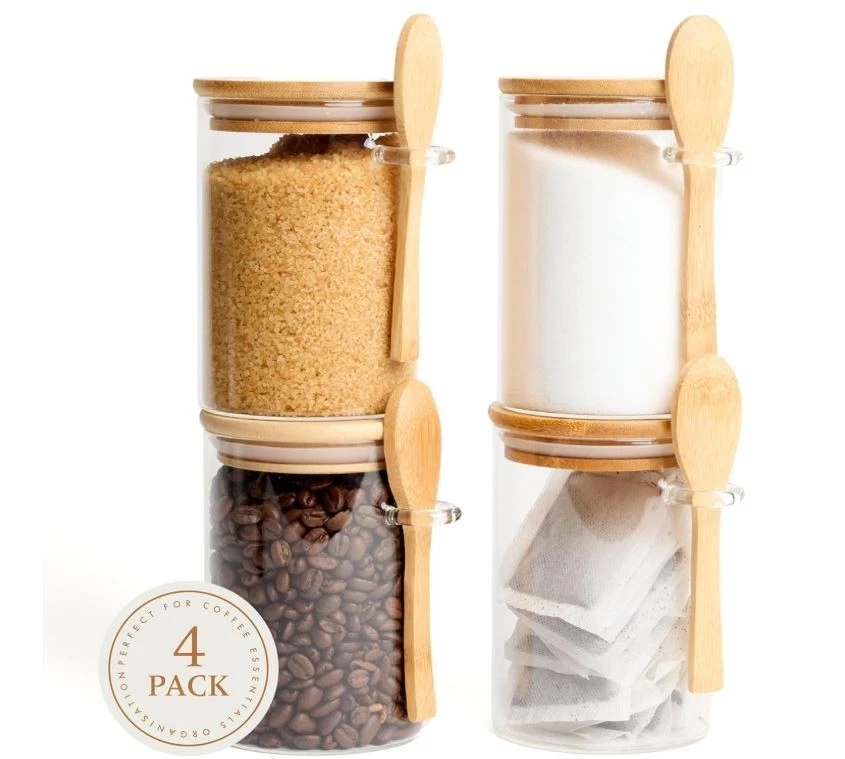 Set of 4 Glass Jars with Bamboo Lids & Spoons (500ml) – Glass Storage Jars with