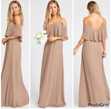 Show Me Your Mumu Caitlin Ruffle Maxi Dress sz M Cold Shoulder Gown Dune Chiffon