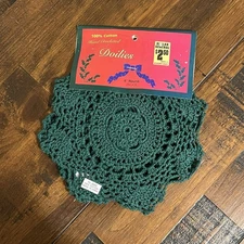 NOS 3 pk 8” Hand Crochet Dark Green Doilies Christmas Holiday Decor 100% Cotton