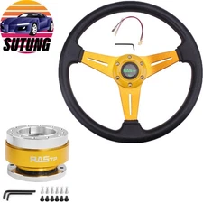 Gold 350mm Drifting Deep Dish Racing Steering Wheel + Ball Quick Release Kit