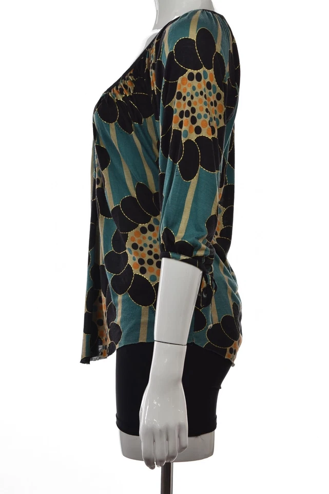 T 包洛杉矶女式上衣 XS 码蓝绿色花卉休闲 3/4 袖衬衫 — 第 3/4 张图片